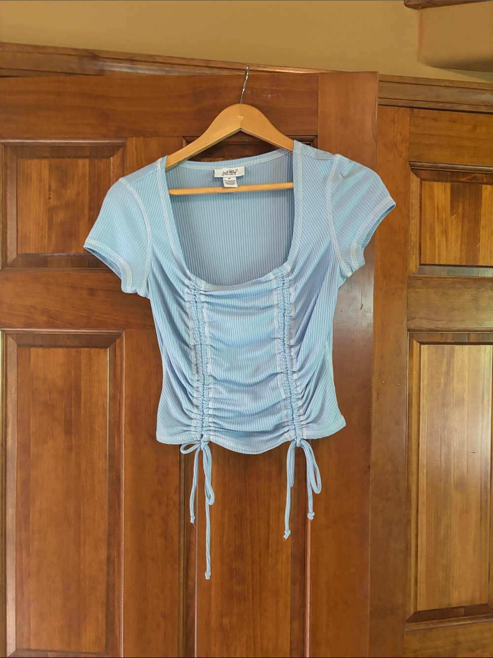 Ribbed Ruched Crop Top with Adjustable Front Ties in Light Blue